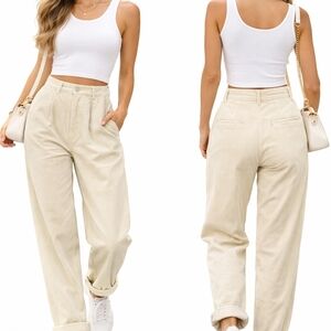 Elegant Cream Wide Leg Corduroy Pants
